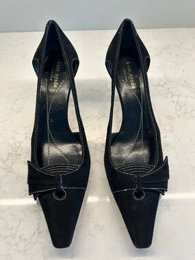NWOB Kate Spade New York Black Suede Contrast-Stich Bow Kitten Heels Sz 8